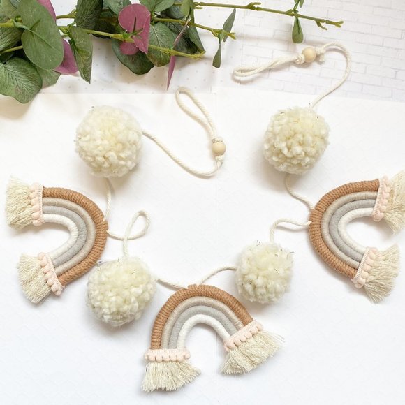 Macrame Rainbow Garland, Pom Pom Rainbow Garland, Yarn Macrame Mini Rainbows - Picture 2 of 5